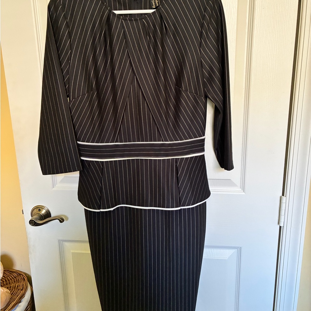 Ella Black Pinstripe Pencil Dress with White Trim